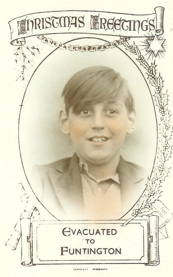 Christmas postcard of 10yr old boy evacuated to Funtington, West Sussex, during WW2