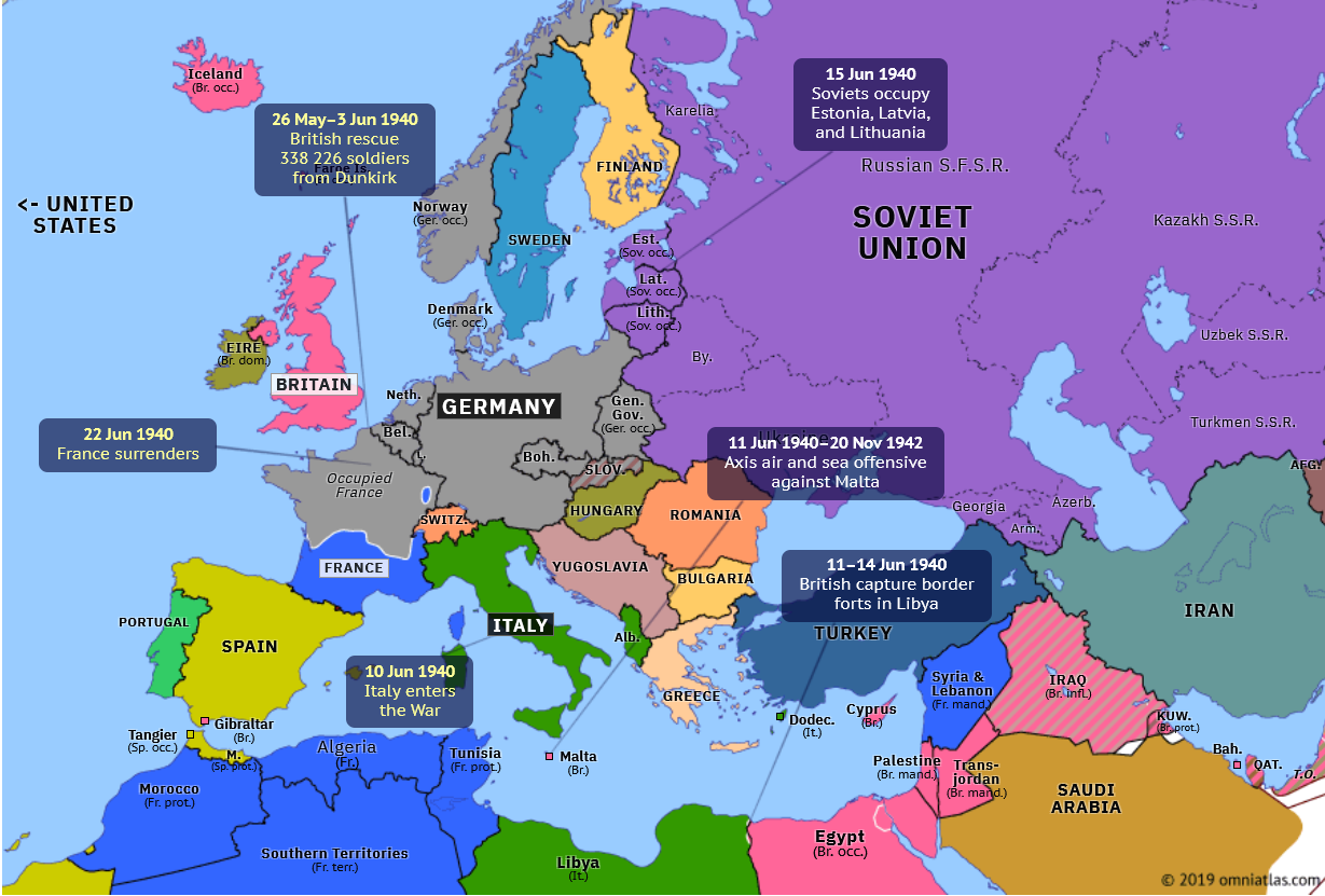 Map of northern Europe showing steps towards the Fall of France