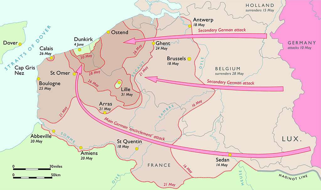 Map of europe showing the German advance through the Netherlands, Belgium, Luxembourg & northern France