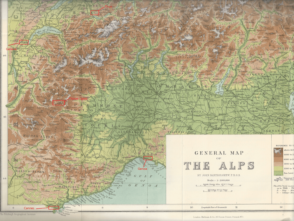 General Map of the Alps annotated to show the location of Cannes, Genoa, Mt Cenis, Geneva and Thun