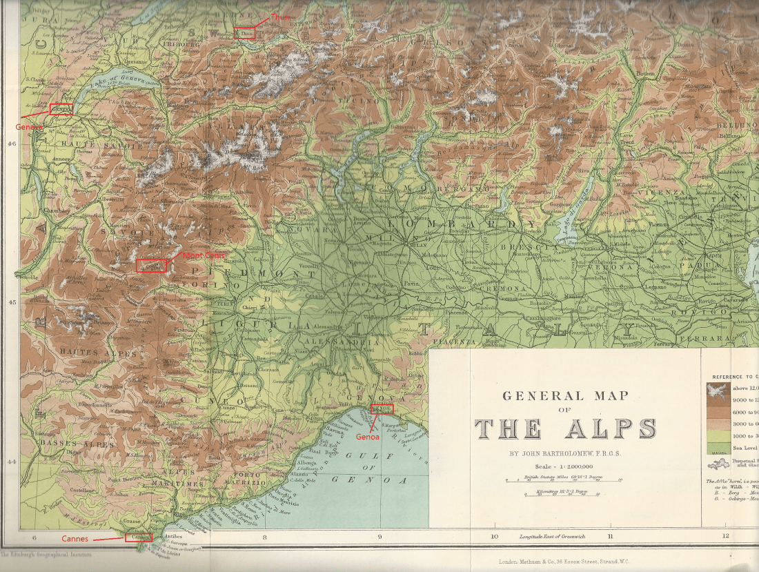 General Map of the Alps annotated to show the location of Cannes, Genoa, Mt Cenis, Geneva and Thun