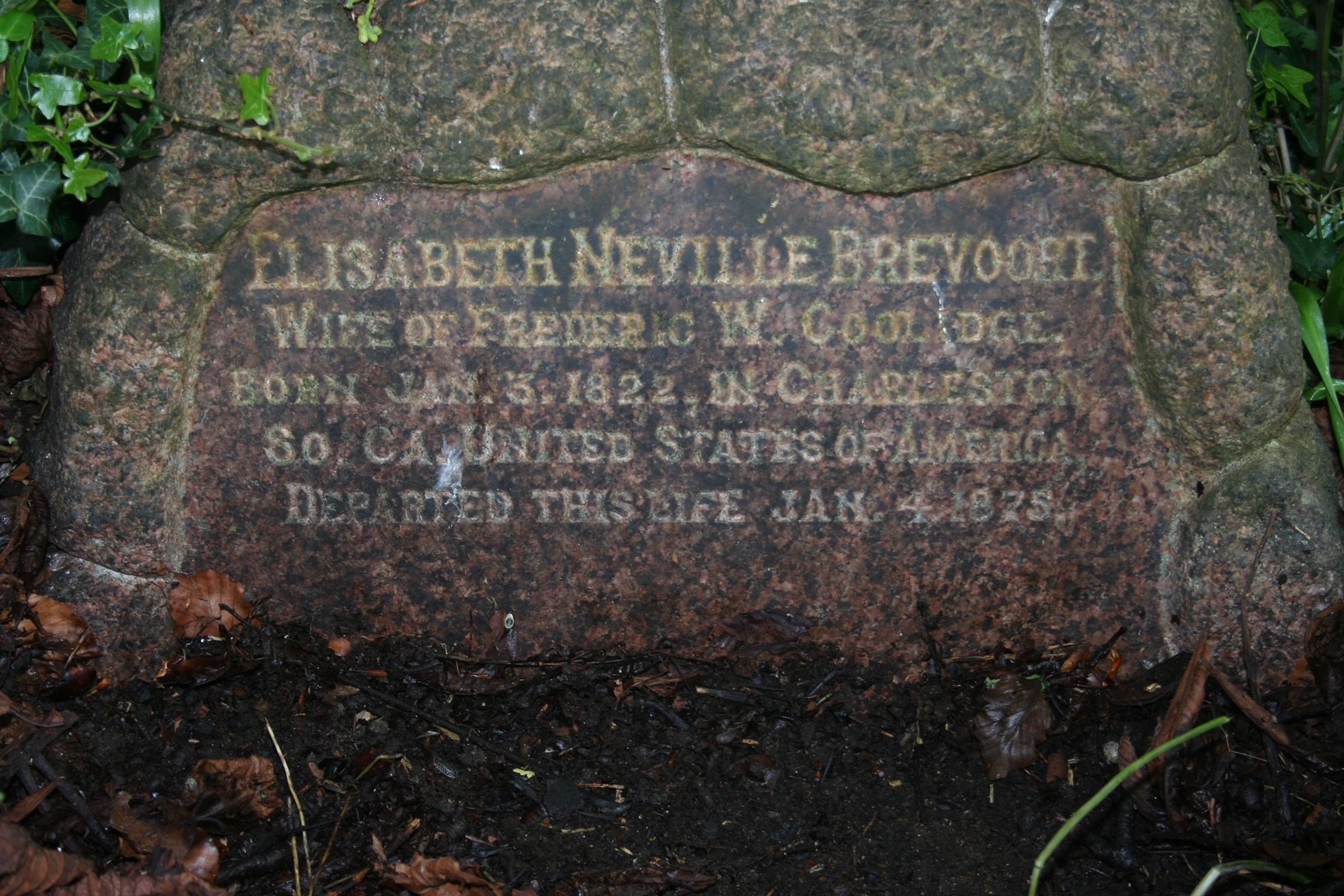 Elisabeth Neville Brevoort's grave inscription: Elisabeth Neville Brevoort | Wife of Frederic W Coolidge | Born Jan 3 1822 in Charleston So Ca United States of America, Departed ths life Jan 4 1875