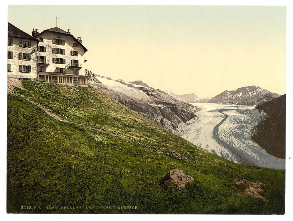 Late 19th C image of the Hotel Bel Alp above D'aletsch Glacier