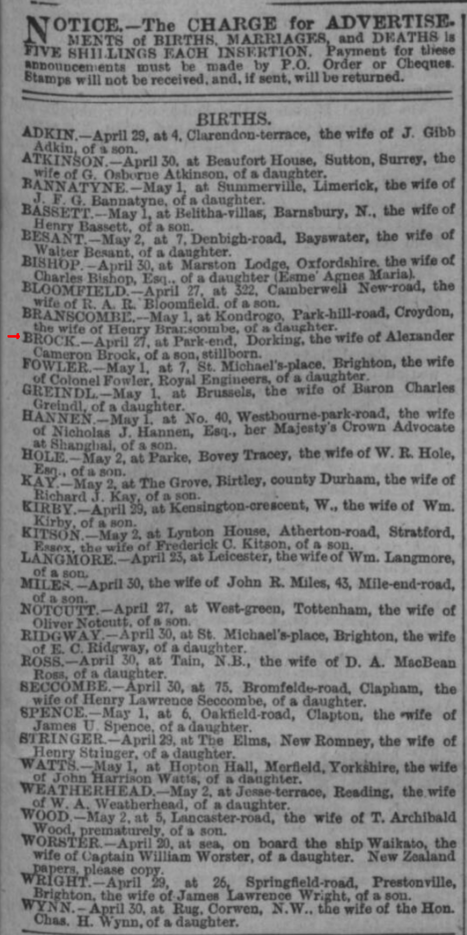 A list of Births that appeared in the London Evening Standard on 27th April 1881
