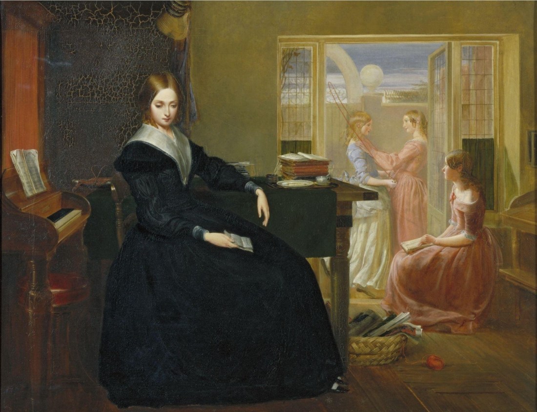 A pale lady is seated alone in a schoolroom holding a black-edged letter, obviously downcast and presumably musing sadly about home and family, as suggested by 'Home, sweet Home', the music on the music stand. Three pupils play happily in a sunlit background.