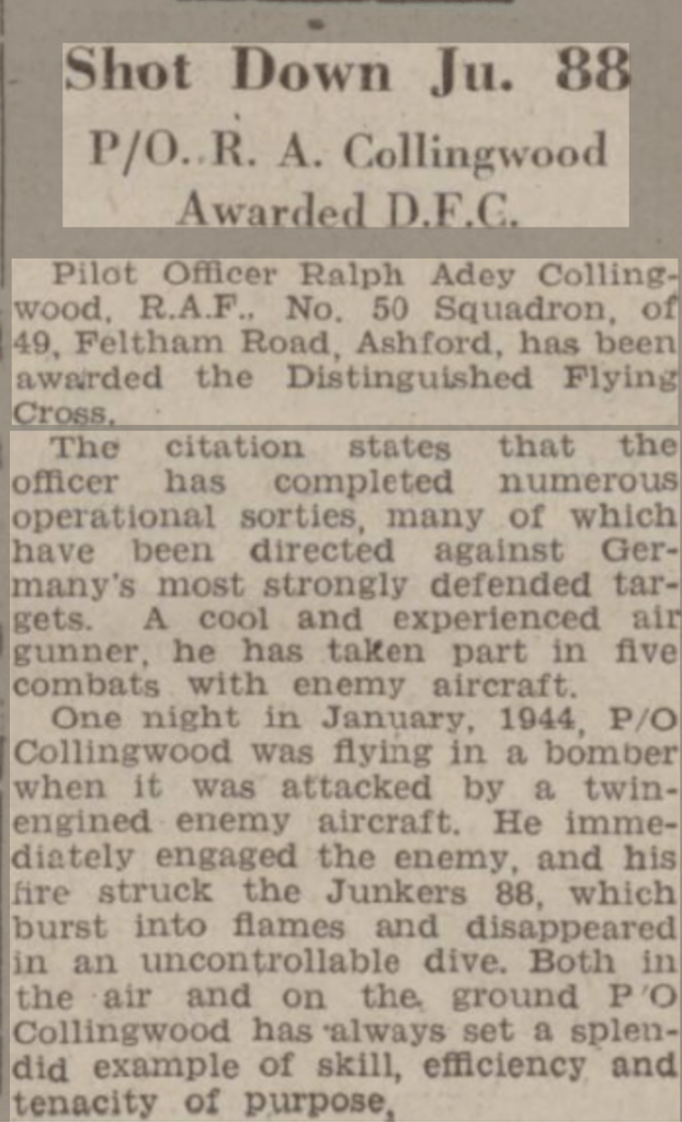 Historic newspaper article chronicling the Distinguished Flying Cross awarded to Pilot Officer RA Collingwood.