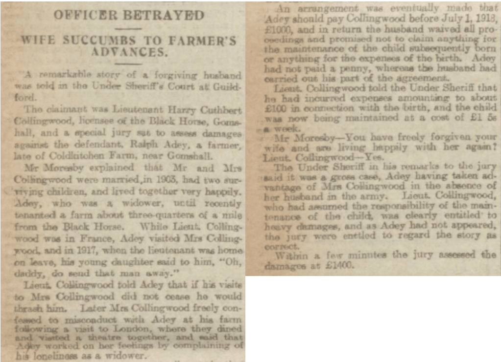 Historic newspaper article entitled "Officer Betrayed - Wife Succumbs to Farmer's Advances"