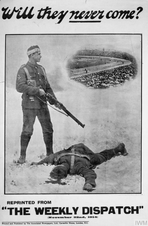 1914 Recruitment poster"Will they never come?" showing a wounded soldier with a rifle looking at a looking at an image of a football match and a dead soldier on the ground. Reprinted from The Weekly Dispatch (Nov 22nd 1914)