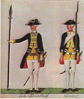 Eighteenth-century illustration of two Hessian soldiers with the caption: Erste Officiers [= Offiziers] Unif[orm] ("first officer's uniform") & Gemeiner ("private").
