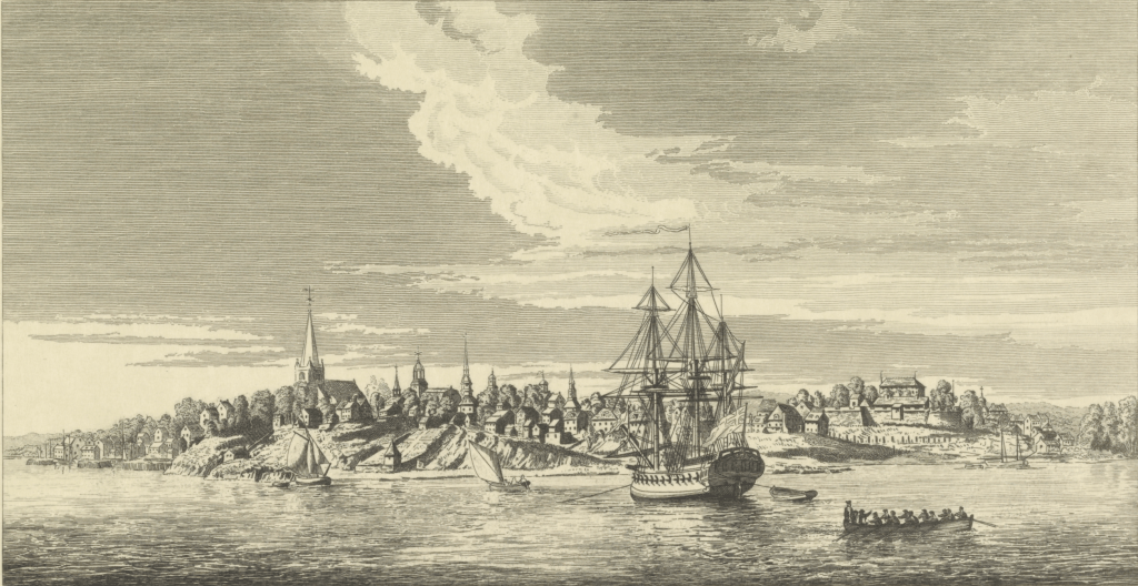 Engraving of a view of New York in 1775 from the harbour