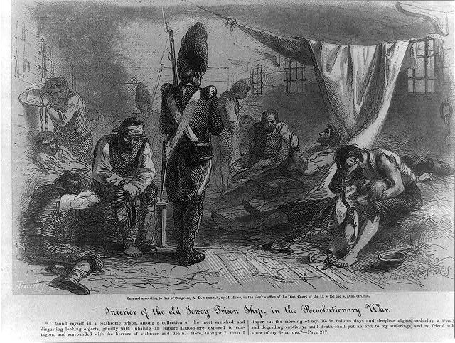 Historic image of the terrible conditions endured by prisoners within a prison ship during the Revolutionary War