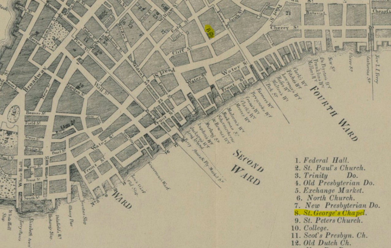 Historical map showing the location of St George's Chapel in old New York