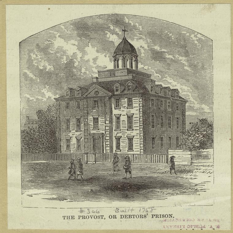 Historic image of the notorious Provost prison, New York, a four storey double fronted stone building.