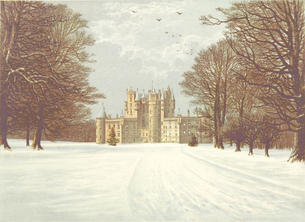Snowy winter scene with Glamis Castle in the background