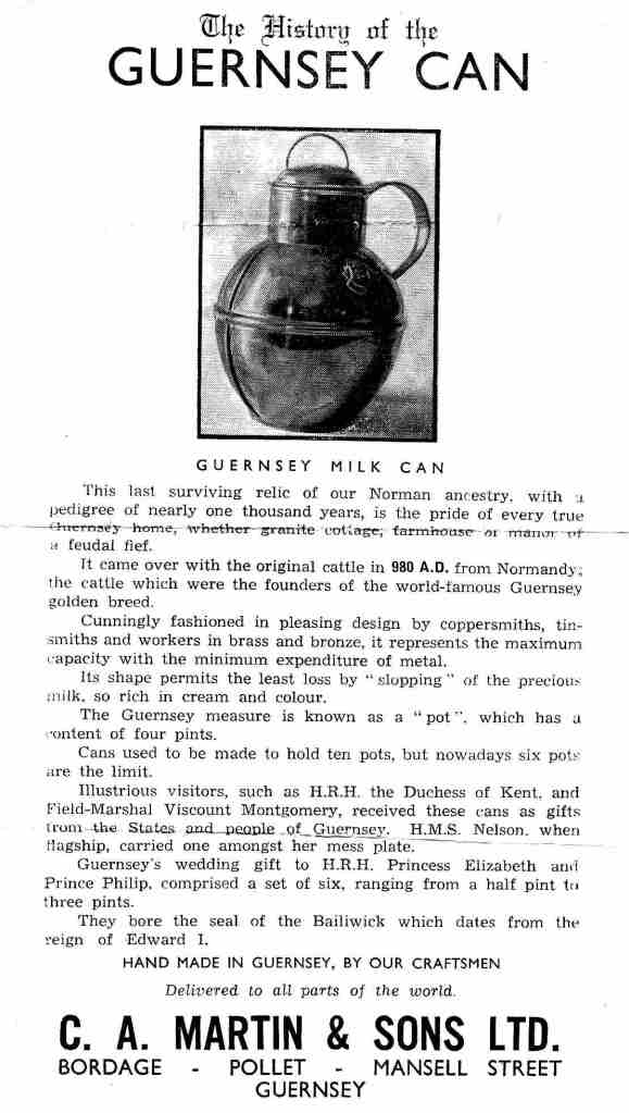 Leaflet about the History of the Guernsey Can which was given away by manufacturer C A Martin & Sons with their cans