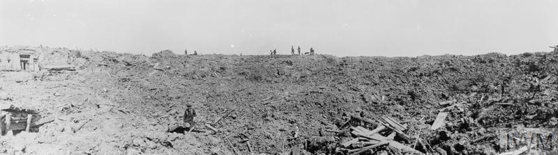 Black and whitepanoramic view of the old German lines on the ridge at Messines, what was a village in West Flanders, Belgium, destroyed during the Battle of Messines on 11th June 1917