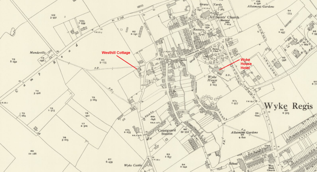 Detail of a 1925 OS map of the Dorset village of Wyke Regis with labels showing the location of Westhill Cottage and the Wyke House Hotel