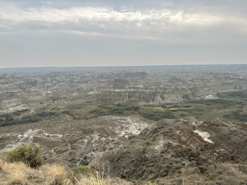 Photo looking down into the Badlands in Alberta, Canada, with the valley walls and hills of the Dinosaur Provincial Park.