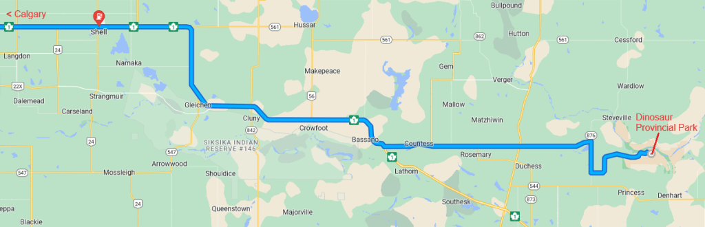 Map of section of the Trans-Canada Highway in Alberta showing just one filling station between Calgary and the Dinosaur Provincial Park about 200km away
