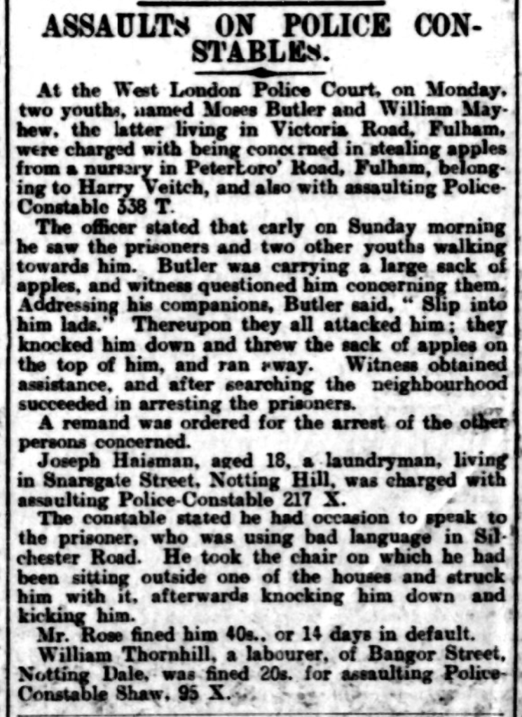 Newspaper account of an assault on a police constable by William Mayhew of Victoria Road and his friends