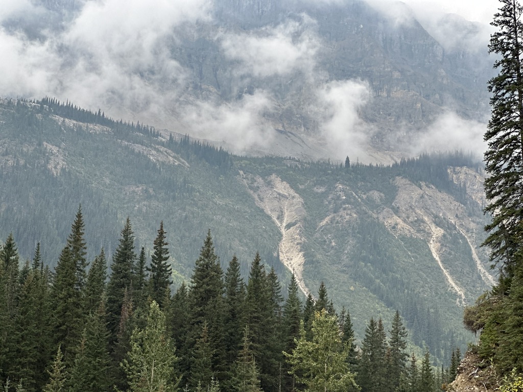 photo of a mountainside in the Yoho National Park, British Columbia, mostly covered with dark forest, with streams down the mountain side and low cloud. The mountain top is not visible.