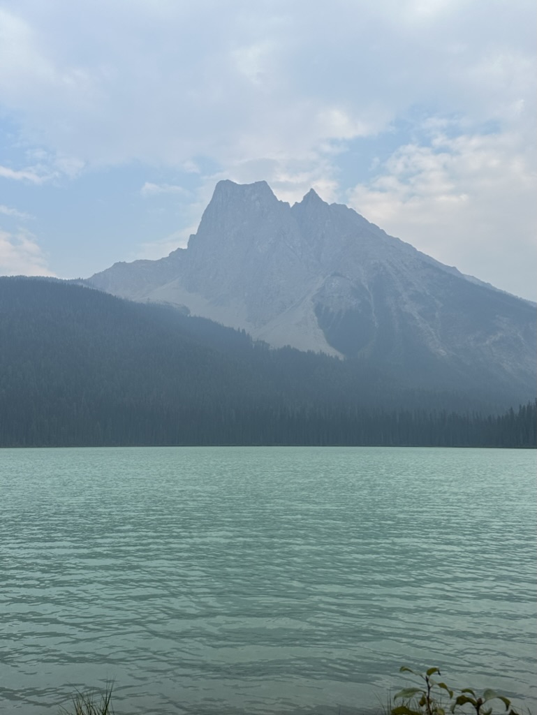 photo of the Emerald Lake looking more of a light greenish blue with pine forests and a mountain in the background.