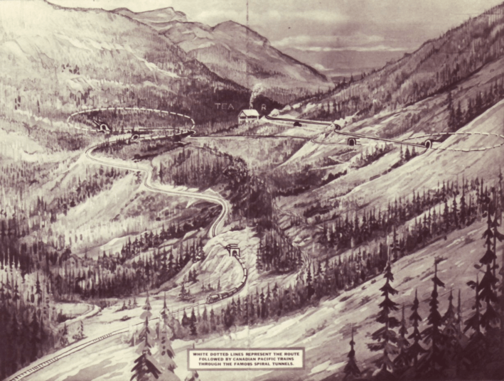 Artists impression from 1908 depicting the Spiral Tunnels, British Columbia, Canada, winding through valley with mountains on each side.
