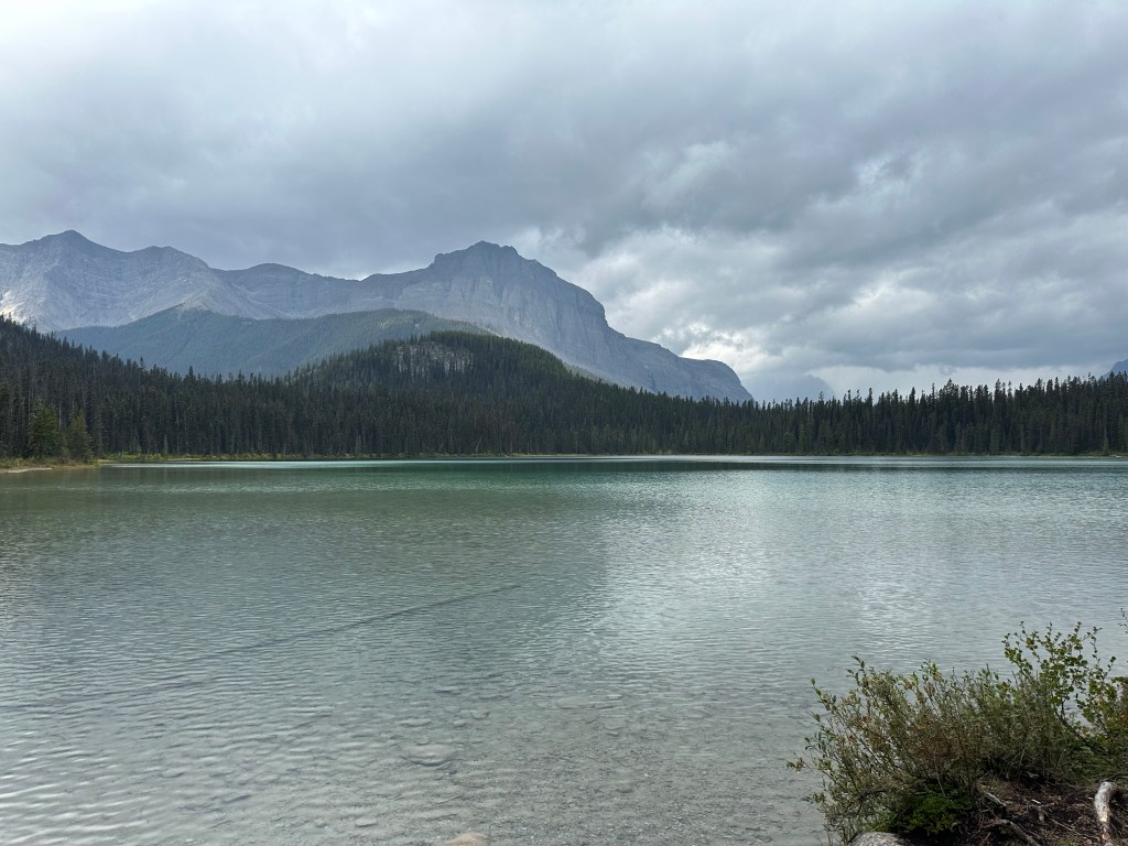 photo of a lake with crystal clear water edged by pine forests with mountains in the background