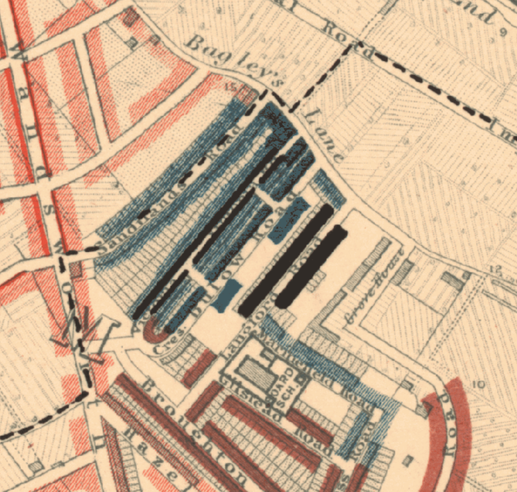Section of Booth's Poverty Maps showing Victoria Road outlined in black suggesting residents were "Lowest class. Vicious, semi criminal"