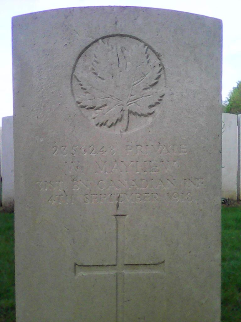 Commonwealth War Graves Gravestone bearing decorated with a Canadian Maple Leaf and Cross and inscribed: 2356248 Private W Mayhew 31st Battalion Canadian Infantry 4th September 1918