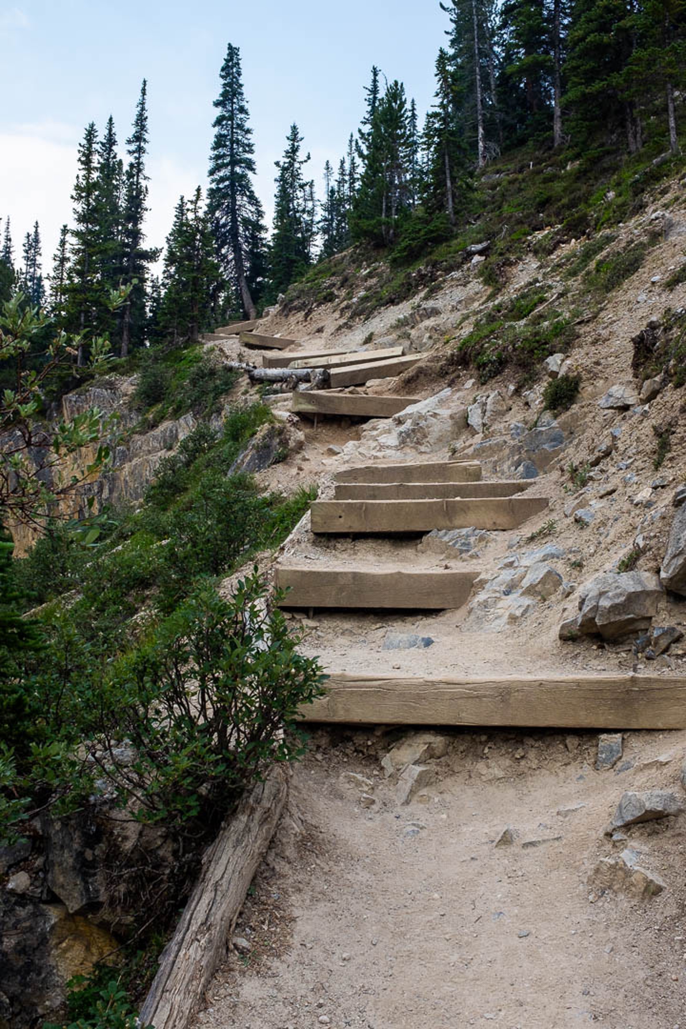 Steep, uneven and irregular man made wodden steps cut into a mountainside