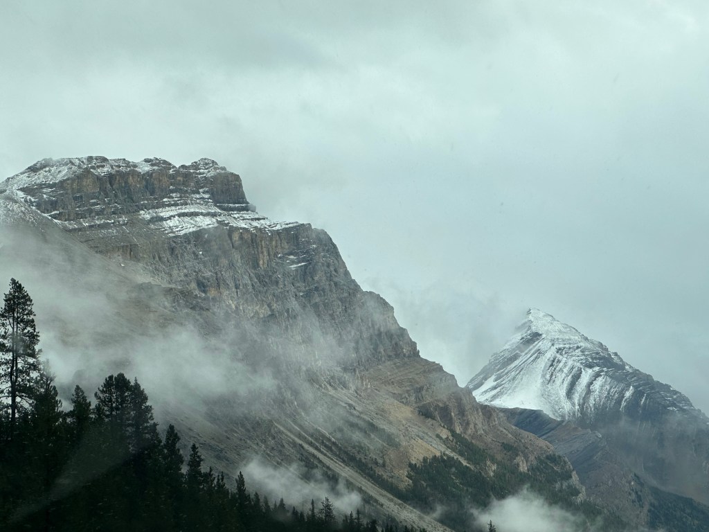 Mountain peaks with a light dusting of snow