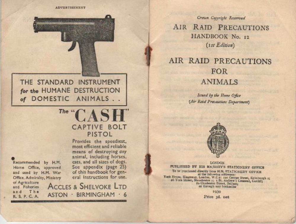 Extract from the Air Raid Precautions Handbook No. 12 (1st Edition) "Air Raid Precautions for Animals" issued by the Home Office in 1939, with an advert for a captive-bolt pistol.