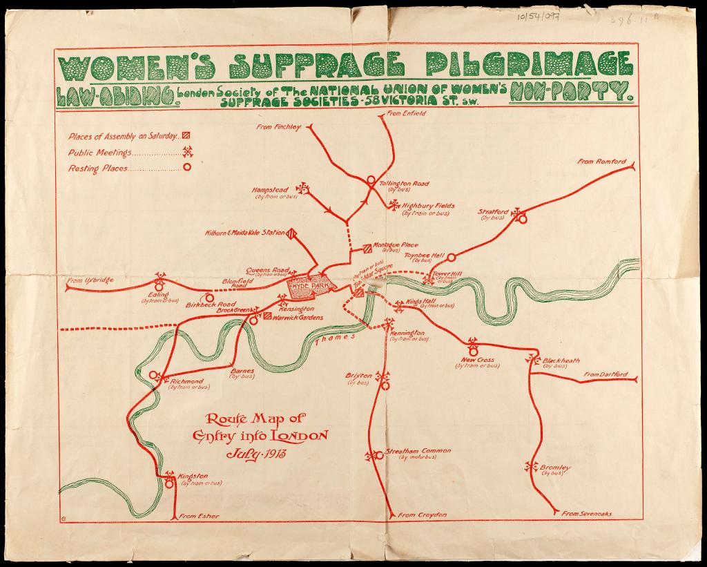 Women's Suffrage Pilgrimage Map 1913 (via Wikimedia Commons)