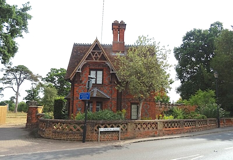photograph of a red brick gothic lodge at Swallowfield, Berkshire, known as the Red Lodge
