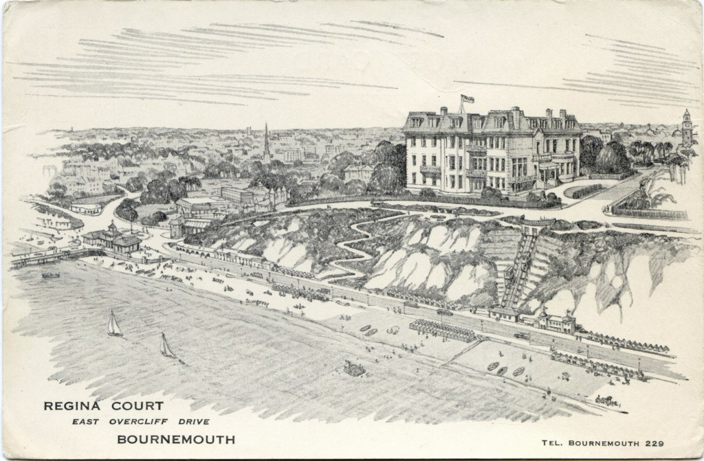 Postcard drawing of Regina Court, East Overcliff Drive, Bournemouth