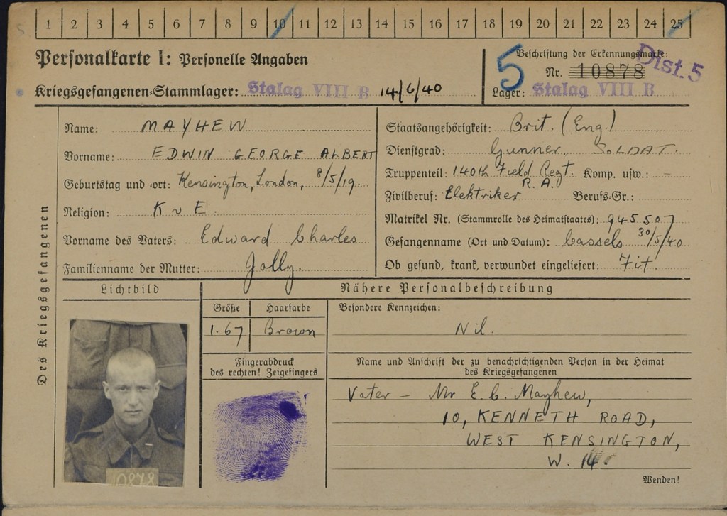 Cover of Ted Mayhew’s Capture Card © National Archives 