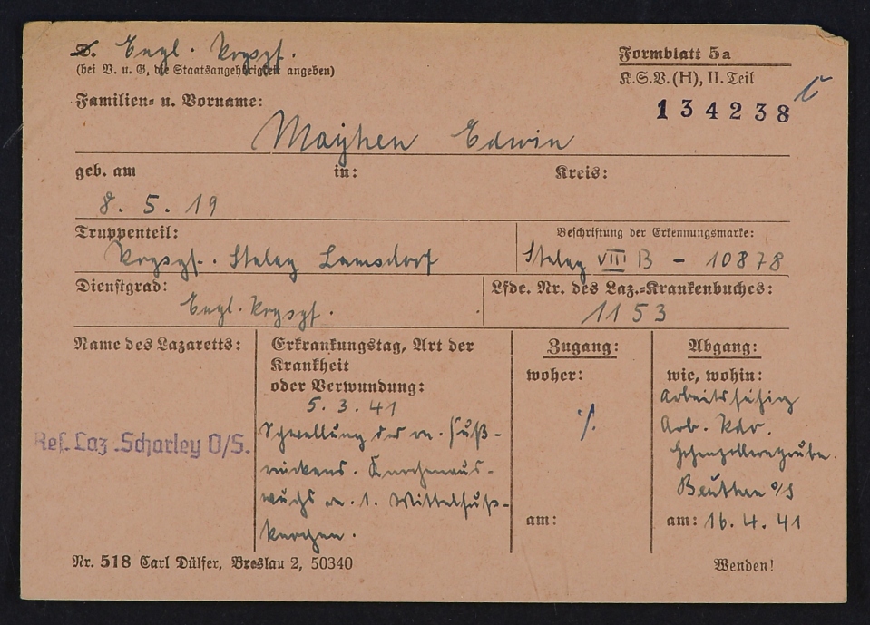 A WW2 POWs buff medical card showing discharge from hospital