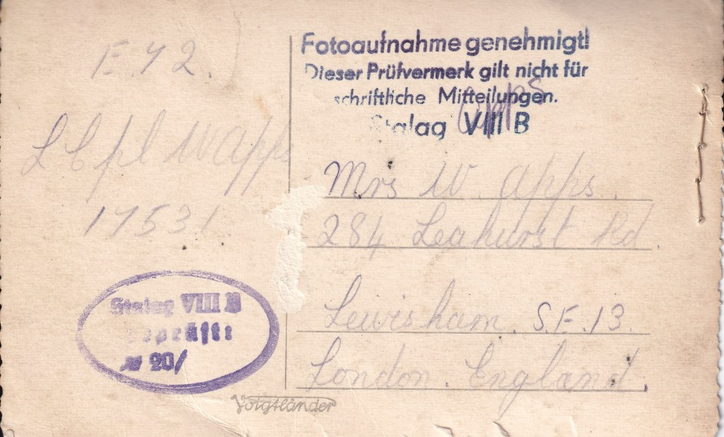 Reverse of postcard "Cockneys Roll on London" of WW2 prisoners of war at E72 workcamp attached to Stalag VIIIB POW camp near Lamsdorf