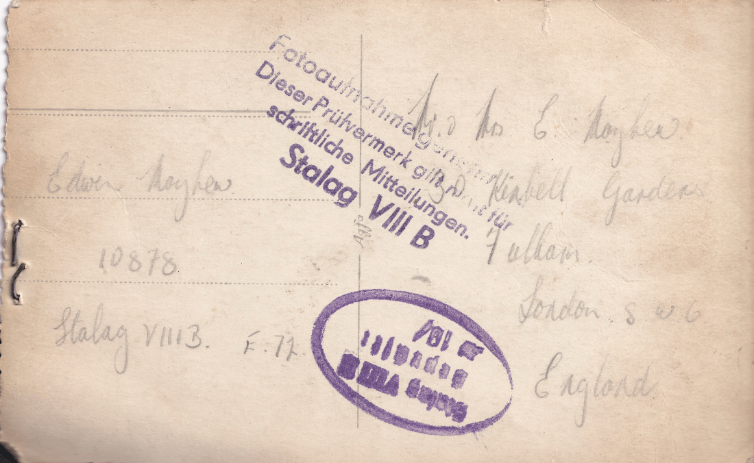 Rear of POW postcard E72 Band showing censor rubber stamps