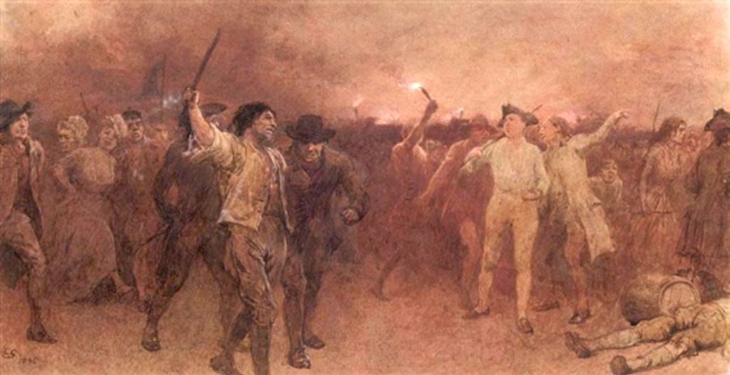 Colour painting of a group of 19th century rioters, some men, some women. Artist Charles Green