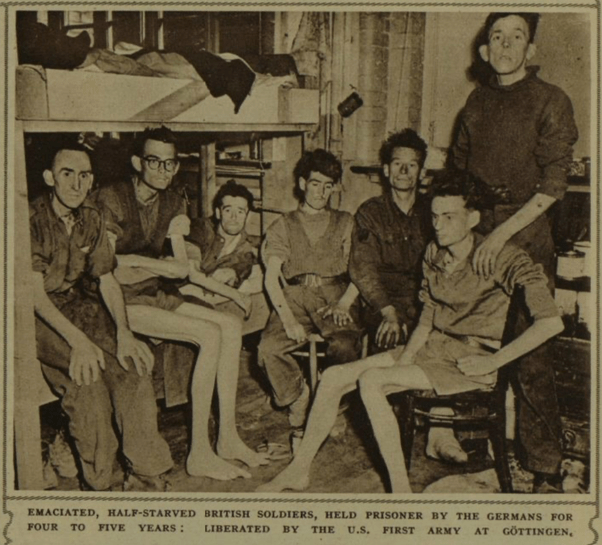 Image from the Illustrated London News 21 Apr 1945 showing seven gaunt young men around some bunk beds: Caption reads "Emaciated, half-starved British soldiers, held prisoner by the Germans for four to five years: liberated by the US First Army at Gottingen"