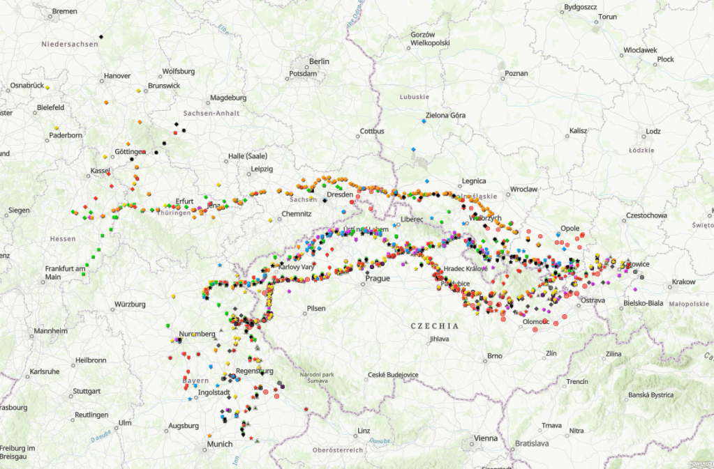 Extract of a map of Europe with coloured symbols showing the various routes taken by 48 men on the Long March