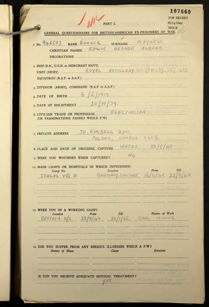 General Questionnaire for British/American ex-prisoners of war completed by Ted Mayhew (p1)