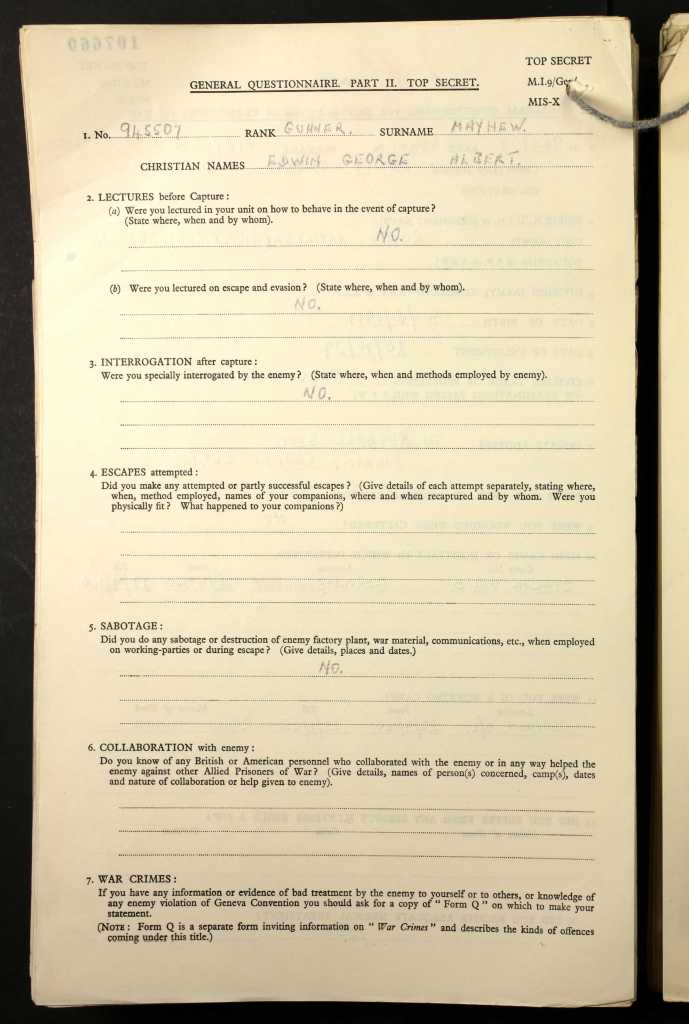 General Questionnaire for British/American ex-prisoners of war completed by Ted Mayhew (p2)