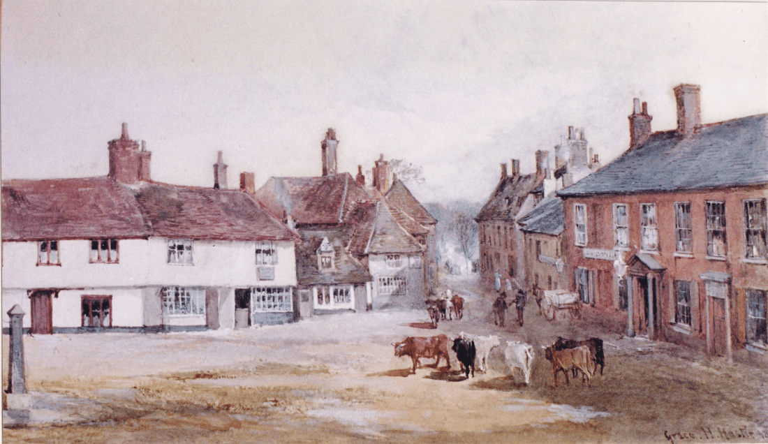 Watercolour painting of The Hill, Wickham Market, flanked by cottages with cows standing around, in the background is a horse and cart with two men chatting. Artist was Grace Hastie c1894