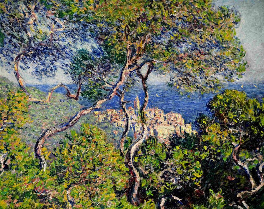 Impressionist painting from 1884 by Claude Monet of Bordighera, a small town in Italy on the Mediterranean coast almost obscured by trees in the foreground and the blue sea in the background