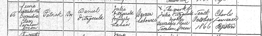 Birth record for Patrick Fizgerald born 2nd September 1866 Turnham Green