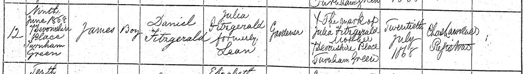 Birth record for James Fitzgerald born 9 Jun 1868 in Turnham Green