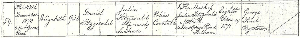 Birth records of Elizabeth Fitzgerald born 30 Dec 1870 Walham Green